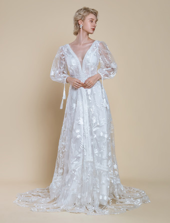 ボヘミアンウェディングドレス ポリエステル レース Aライン トレーン付き ナチュラルウエスト バックレス 長袖 Vネック アイボリー