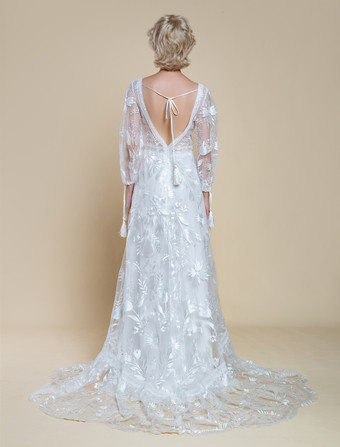 ボヘミアンウェディングドレス ポリエステル レース Aライン トレーン付き ナチュラルウエスト バックレス 長袖 Vネック アイボリー