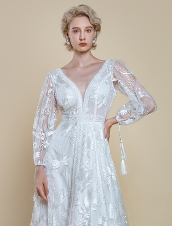 ボヘミアンウェディングドレス ポリエステル レース Aライン トレーン付き ナチュラルウエスト バックレス 長袖 Vネック アイボリー