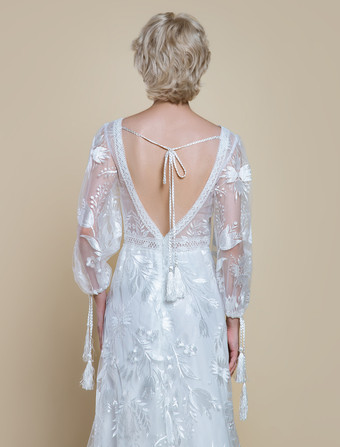 ボヘミアンウェディングドレス ポリエステル レース Aライン トレーン付き ナチュラルウエスト バックレス 長袖 Vネック アイボリー