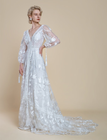 ボヘミアンウェディングドレス ポリエステル レース Aライン トレーン付き ナチュラルウエスト バックレス 長袖 Vネック アイボリー