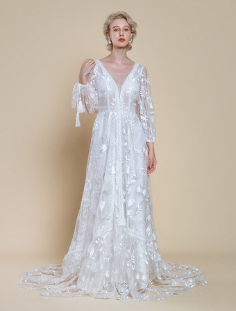 ボヘミアンウェディングドレス ポリエステル レース Aライン トレーン付き ナチュラルウエスト バックレス 長袖 Vネック アイボリー