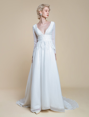 ボヘミアンウェディングドレス ポリエステル レース Aライン トレーン付き エンパイアウエスト ジッパー 長袖 Vネック アイボリー