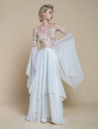 ボヘミアンウェディングドレス ポリエステル レース Aライン トレーン付き ナチュラルウエスト スパゲッティストラップ ジッパー 長袖 デザインネックライン アイボリー