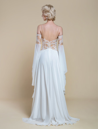 ボヘミアンウェディングドレス ポリエステル レース Aライン トレーン付き ナチュラルウエスト スパゲッティストラップ ジッパー 長袖 デザインネックライン アイボリー