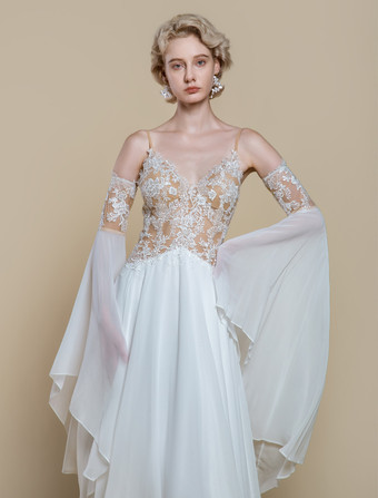 ボヘミアンウェディングドレス ポリエステル レース Aライン トレーン付き ナチュラルウエスト スパゲッティストラップ ジッパー 長袖 デザインネックライン アイボリー