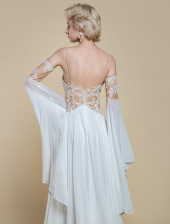 ボヘミアンウェディングドレス ポリエステル レース Aライン トレーン付き ナチュラルウエスト スパゲッティストラップ ジッパー 長袖 デザインネックライン アイボリー