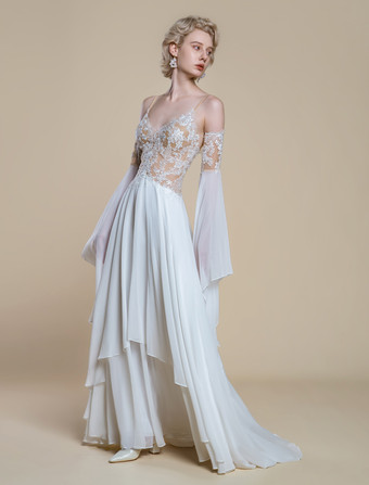 ボヘミアンウェディングドレス ポリエステル レース Aライン トレーン付き ナチュラルウエスト スパゲッティストラップ ジッパー 長袖 デザインネックライン アイボリー