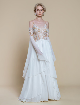 ボヘミアンウェディングドレス ポリエステル レース Aライン トレーン付き ナチュラルウエスト スパゲッティストラップ ジッパー 長袖 デザインネックライン アイボリー