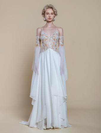 ボヘミアンウェディングドレス ポリエステル レース Aライン トレーン付き ナチュラルウエスト スパゲッティストラップ ジッパー 長袖 デザインネックライン アイボリー