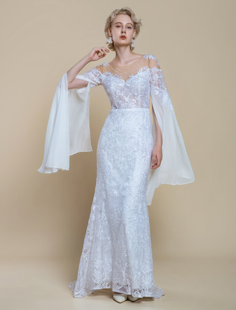 ボヘミアンウェディングドレス ポリエステル ティアード マーメイド トレーン付き ナチュラルウエスト ジッパー 長袖 イリュージョンネックライン アイボリー