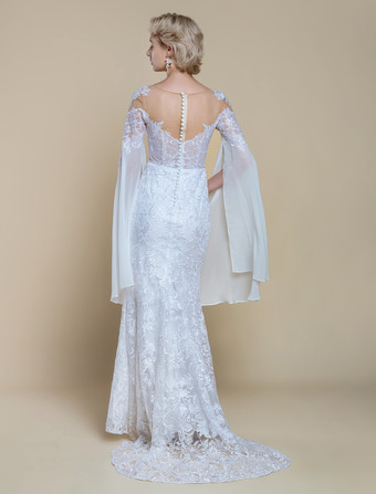 ボヘミアンウェディングドレス ポリエステル ティアード マーメイド トレーン付き ナチュラルウエスト ジッパー 長袖 イリュージョンネックライン アイボリー