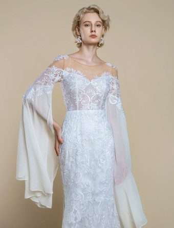 ボヘミアンウェディングドレス ポリエステル ティアード マーメイド トレーン付き ナチュラルウエスト ジッパー 長袖 イリュージョンネックライン アイボリー