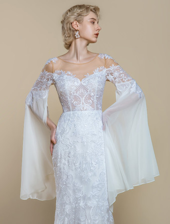 ボヘミアンウェディングドレス ポリエステル ティアード マーメイド トレーン付き ナチュラルウエスト ジッパー 長袖 イリュージョンネックライン アイボリー