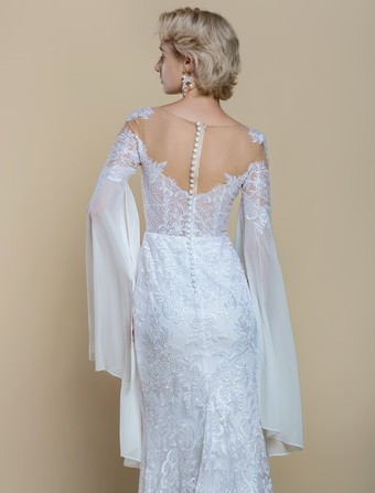 ボヘミアンウェディングドレス ポリエステル ティアード マーメイド トレーン付き ナチュラルウエスト ジッパー 長袖 イリュージョンネックライン アイボリー