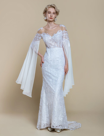 ボヘミアンウェディングドレス ポリエステル ティアード マーメイド トレーン付き ナチュラルウエスト ジッパー 長袖 イリュージョンネックライン アイボリー