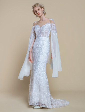 ボヘミアンウェディングドレス ポリエステル ティアード マーメイド トレーン付き ナチュラルウエスト ジッパー 長袖 イリュージョンネックライン アイボリー