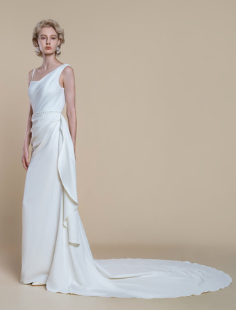 シンプルなウェディングドレス マーメイドデザイン ネックライン ノースリーブ パール 60cm ブライダルドレス