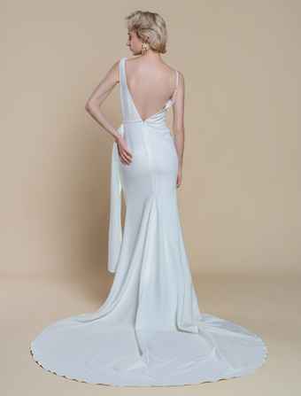 シンプルなウェディングドレス マーメイドデザイン ネックライン ノースリーブ パール 60cm ブライダルドレス