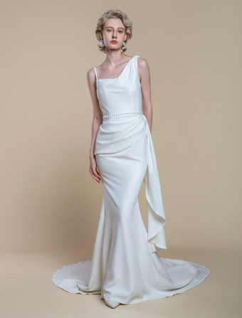 シンプルなウェディングドレス マーメイドデザイン ネックライン ノースリーブ パール 60cm ブライダルドレス