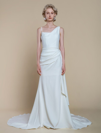 シンプルなウェディングドレス マーメイドデザイン ネックライン ノースリーブ パール 60cm ブライダルドレス