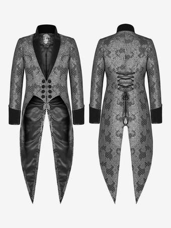 シルバー ブラック ヴィンテージ トップ ヴィンテージ スプリットフロント レースアップ ジャカード 長袖 ポリエステル トップ レトロ コスチューム 男性用