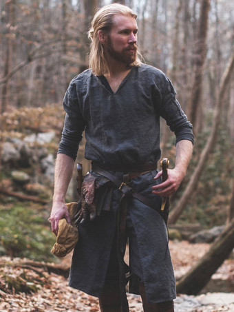 Deep Blue Deep Blue Vintage Top Vintage Polyester Split Front Long Sleeves Retro Costumes For Man