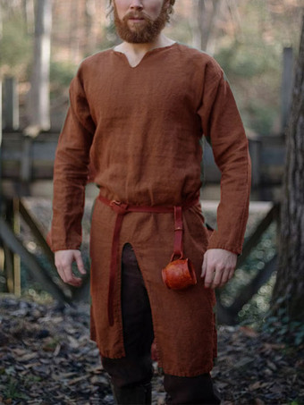 Coffee BrownDeep Blue Vintage Top Vintage Polyester Split Front Long Sleeves Retro Costumes For Man