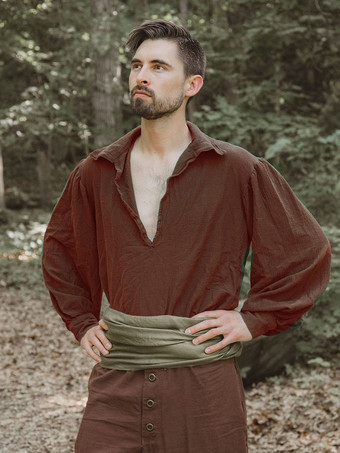 ブラウン 男性用ホワイトヴィンテージトップヴィンテージポリエステル長袖レトロコスチューム バーガンディ