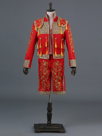 レッド レッド ヴィンテージ セット ヴィンテージ 刺繍 フリンジ 長袖 ポリエステル パンツ 男性用 レトロ コスチューム