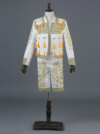 ホワイト レッド ヴィンテージ セット ヴィンテージ 刺繍 フリンジ 長袖 ポリエステル パンツ 男性用 レトロ コスチューム