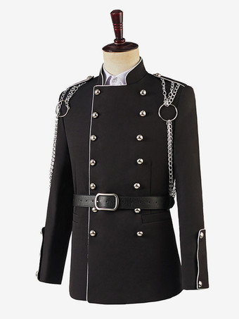 黒のヴィンテージトップ、ヴィンテージチェーンボタン、長袖ポリエステルオーバーコート、男性用レトロコスチューム