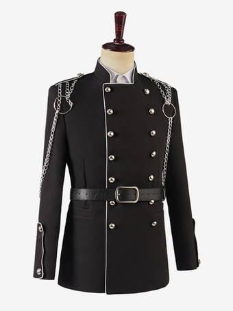 黒のヴィンテージトップ、ヴィンテージチェーンボタン、長袖ポリエステルオーバーコート、男性用レトロコスチューム