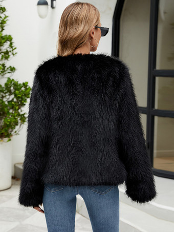 フェイクファーコート シックなカラーブロック ジュエルネック ブラック 冬 エコフレンドリー ファーコート