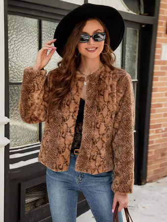 ブラウン フェイクファーコート シックなカラーブロック ジュエルネック ブラック 冬 エコフレンドリー ファーコート