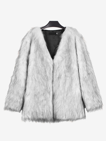フェイクファーコート シルバー 長袖 レディース エコフレンドリー ファーコート コート