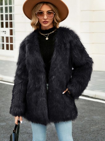 ブラック フェイクファーコート シルバー 長袖 レディース エコフレンドリー ファーコート コート