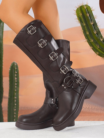 noir Bottes mi-mollet à talon épais et bout rond en cuir PU marron foncé avec boucle bottines femmes