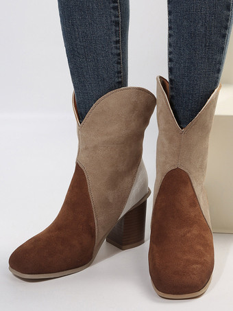 Marrone scuroStivaletti con tacco spesso e punta a punta blu scuro da donna