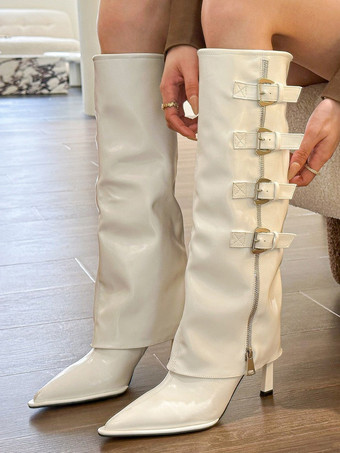 ホワイト ニーハイブーツ レディース ディープブラウン シックなスティレットヒール ニーハイブーツ