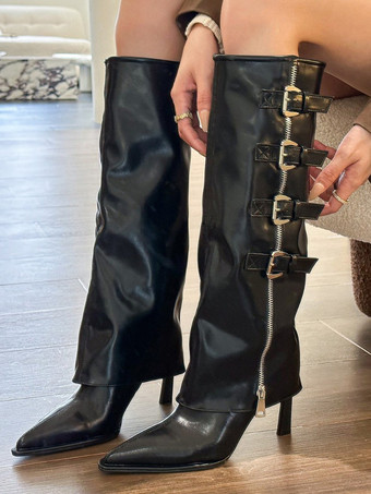 ブラック ニーハイブーツ レディース ディープブラウン シックなスティレットヒール ニーハイブーツ