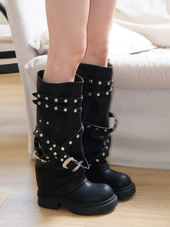 Mid Calf Boots Women's Rivets Round Toe Chunky Heel Boots