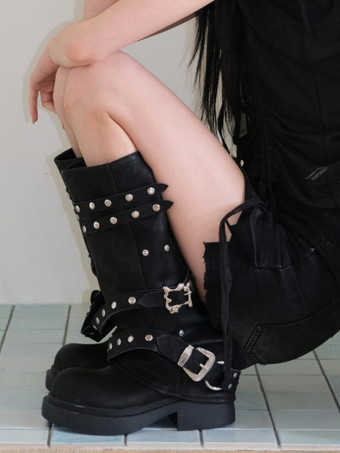 Black Mid Calf Boots Women's Rivets Round Toe Chunky Heel Boots