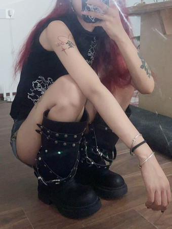 Mid Calf Boots Women's Rivets Round Toe Chunky Heel Boots