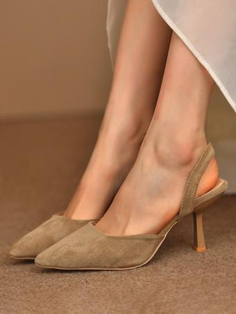カーキ レディース スティレットヒール スリングバックヒール コーヒーブラウン テリーパンプス
