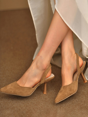 ブラウン レディース スティレットヒール スリングバックヒール コーヒーブラウン テリーパンプス