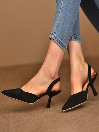 ブラック レディース スティレットヒール スリングバックヒール コーヒーブラウン テリーパンプス