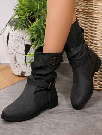 ブラック レディース アンクルブーツ コーヒーブラウン バックルブーティ PUレザー ラウンドトゥ フラット