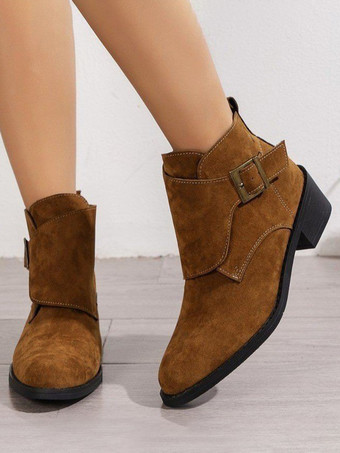 ライトブラウンレディース アンクルブーツ ライトブラウン バックル ブーティ スエードレザー ラウンドトゥ フラット