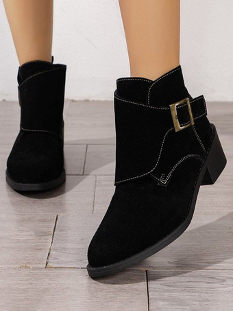 ブラック レディース アンクルブーツ ライトブラウン バックル ブーティ スエードレザー ラウンドトゥ フラット